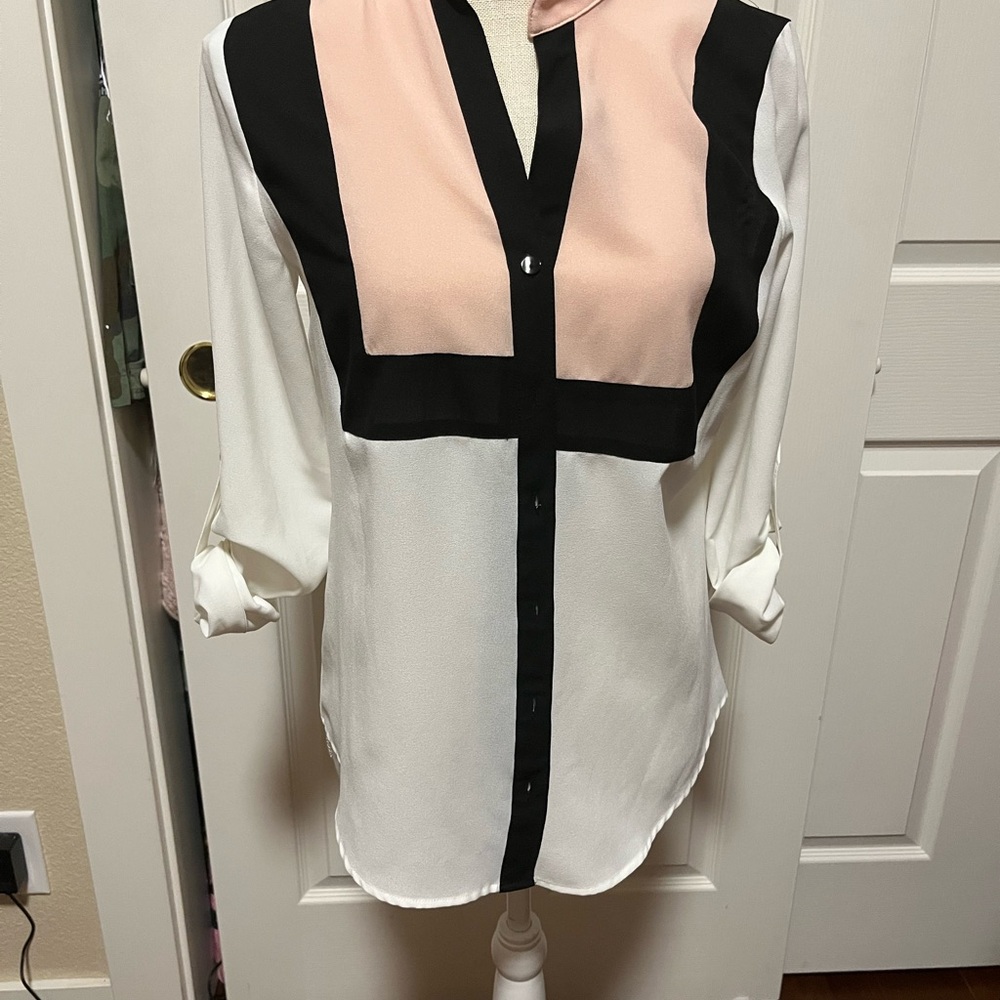 BCX Black and White Sheer Color Block 3/4 Sleeve Button Down Shirt